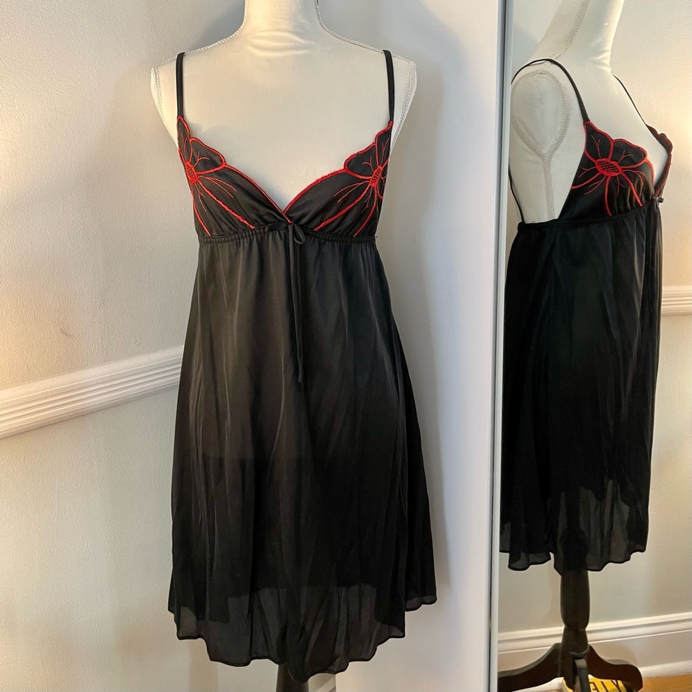 Vintage Black Mini Babydoll Slip With Red Detail